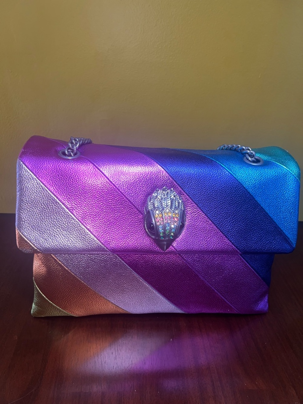 Kurt Geiger XXL Rainbow Metallic Stripe Kensington Shoulder Bag NWT